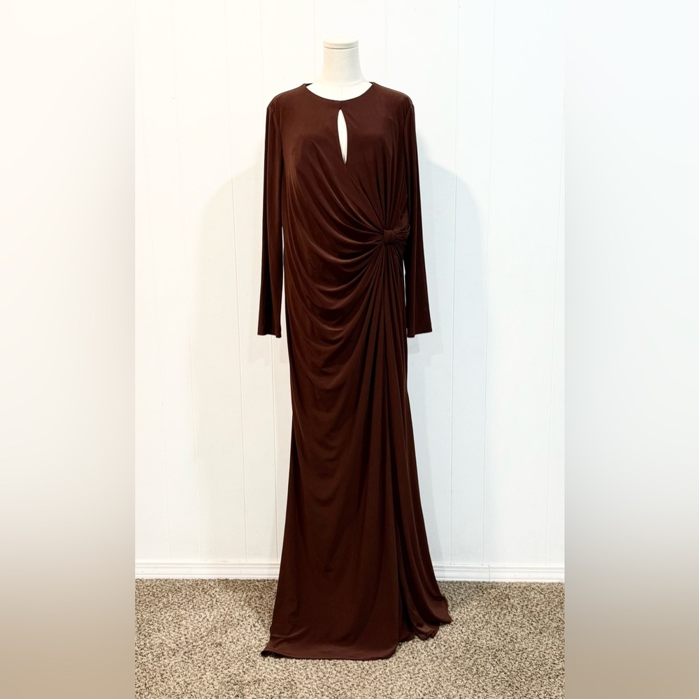 Mac Duggal Ieena Keyhole Draped Maxi Gown Long Sleeve Dress Size 14 Chocolate - Picture 8 of 12
